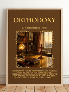 Orthodoxy Minimalist Book Poster by G. K. Chesterton – framed print leaning on a wooden floor
