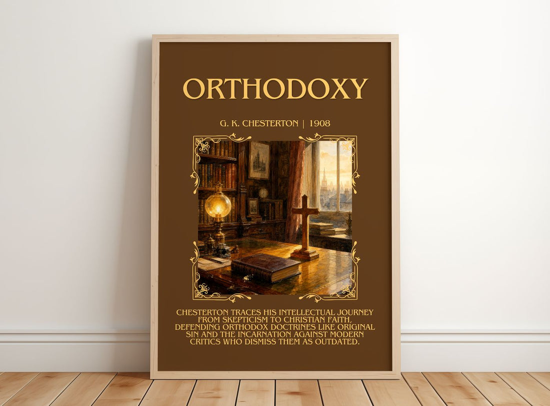 Orthodoxy Minimalist Book Poster by G. K. Chesterton – framed print leaning on a wooden floor
