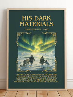 His Dark Materials Minimalist Book Poster by Philip Pullman – framed print leaning on a wooden floor