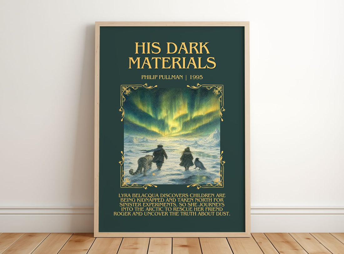 His Dark Materials Minimalist Book Poster by Philip Pullman – framed print leaning on a wooden floor