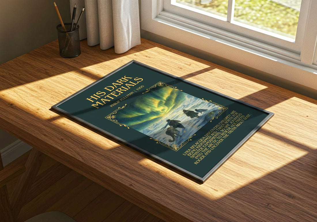 His Dark Materials Minimalist Book Poster by Philip Pullman – print on a sunlit desk