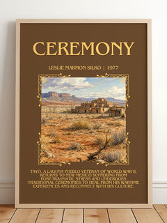 Ceremony Minimalist Book Poster by Leslie Marmon Silko – framed print leaning on a wooden floor