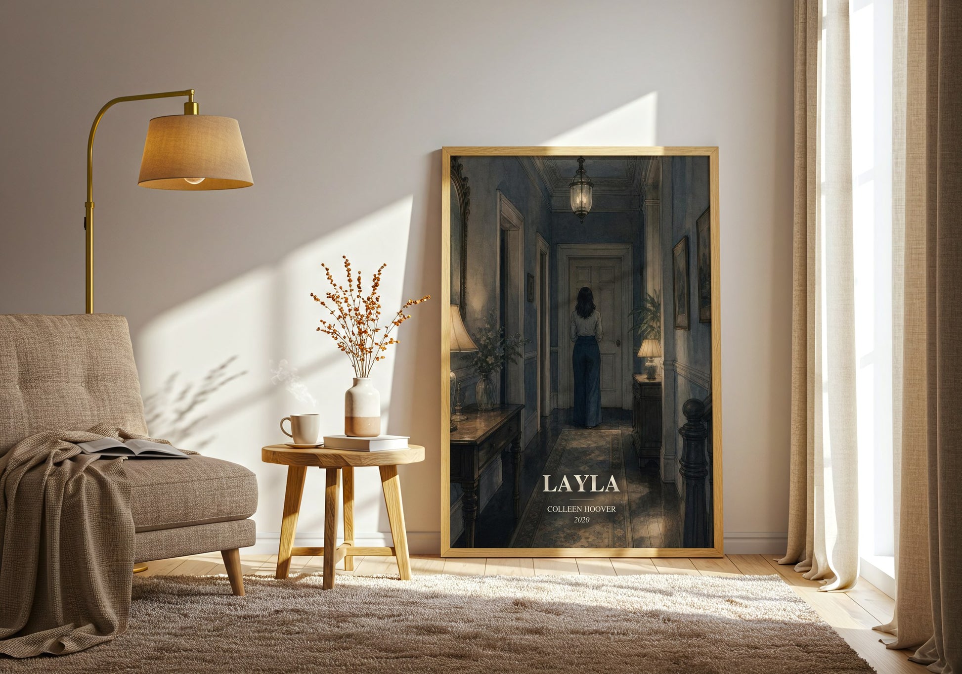 Layla watercolour print in frame leaning in hallway – romance wall art