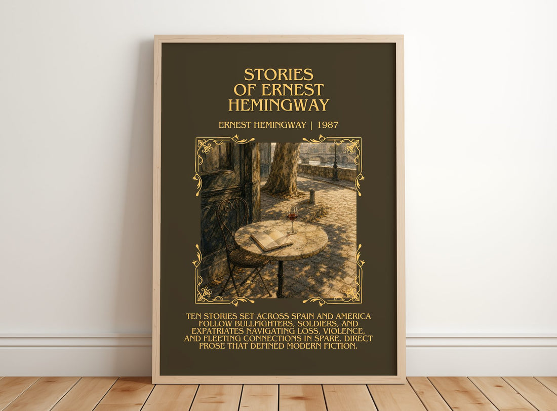 Stories of Ernest Hemingway Minimalist Book Poster by Ernest Hemingway – framed print leaning on a wooden floor