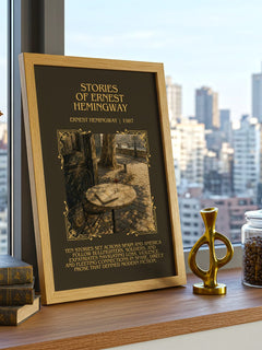 Stories of Ernest Hemingway Minimalist Book Poster by Ernest Hemingway – framed print on a city-view windowsill