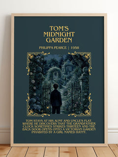 Tom's Midnight Garden Minimalist Book Poster by Philippa Pearce – framed print leaning on a wooden floor
