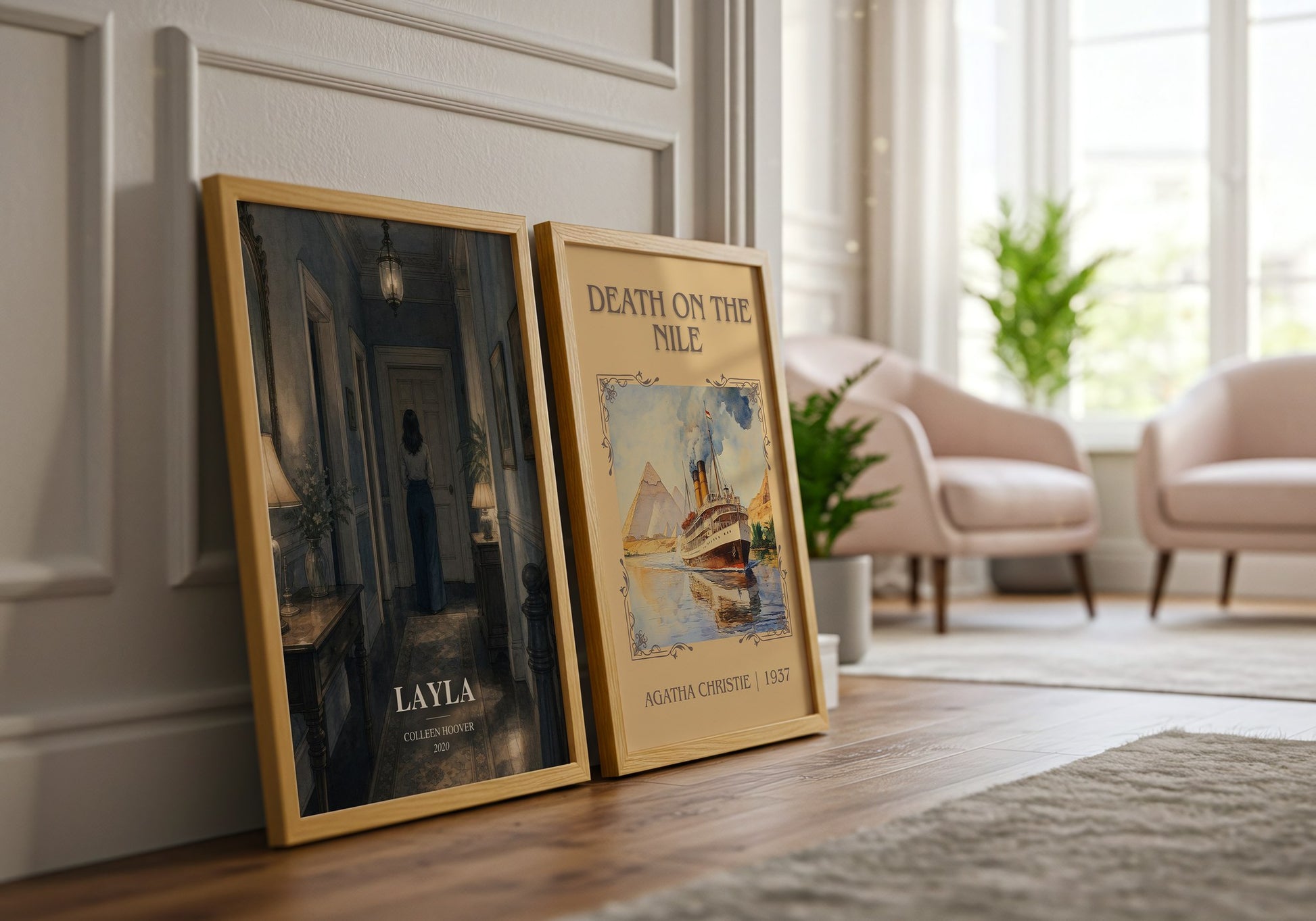 Layla watercolour print framed by window – literary home decor