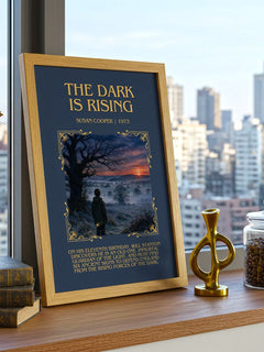 The Dark Is Rising Minimalist Book Poster by Susan Cooper – framed print on a city-view windowsill