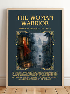 The Woman Warrior Minimalist Book Poster by Maxine Hong Kingston – framed print leaning on a wooden floor