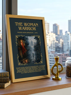 The Woman Warrior Minimalist Book Poster by Maxine Hong Kingston – framed print on a city-view windowsill