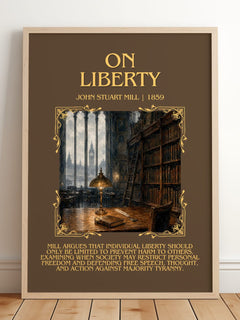 On Liberty Minimalist Book Poster by John Stuart Mill – framed print leaning on a wooden floor