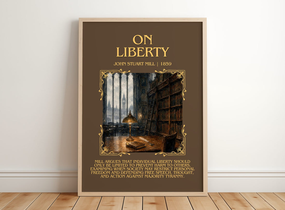 On Liberty Minimalist Book Poster by John Stuart Mill – framed print leaning on a wooden floor