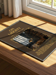 On Liberty Minimalist Book Poster by John Stuart Mill – print on a sunlit desk
