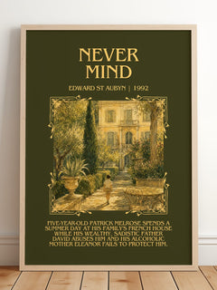 Never Mind Minimalist Book Poster by Edward St Aubyn – framed print leaning on a wooden floor