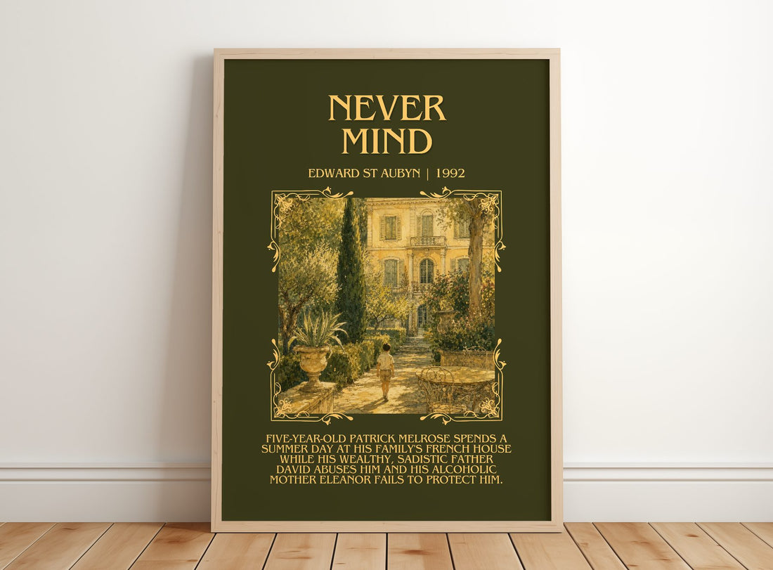 Never Mind Minimalist Book Poster by Edward St Aubyn – framed print leaning on a wooden floor