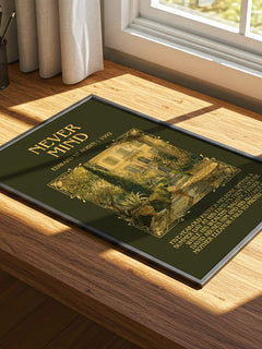 Never Mind Minimalist Book Poster by Edward St Aubyn – print on a sunlit desk