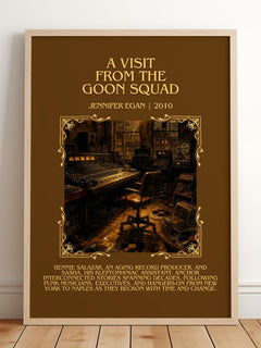 A Visit From The Goon Squad Minimalist Book Poster by Jennifer Egan – framed print leaning on a wooden floor