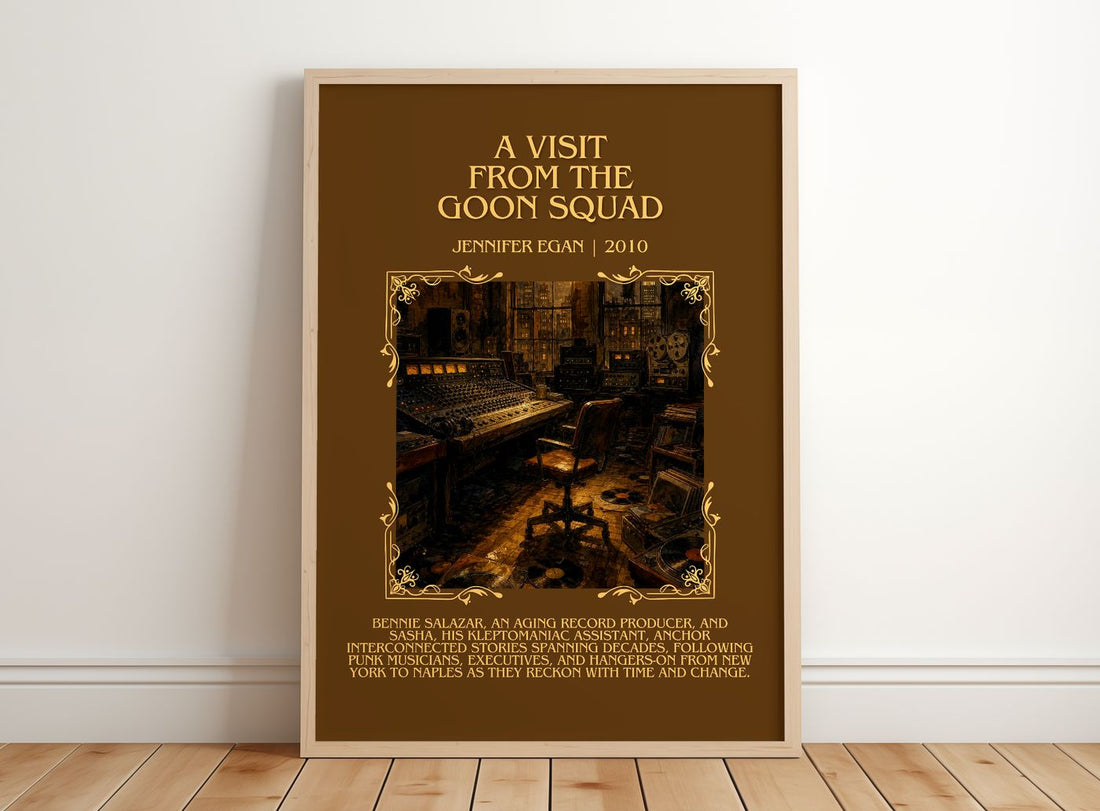 A Visit From The Goon Squad Minimalist Book Poster by Jennifer Egan – framed print leaning on a wooden floor