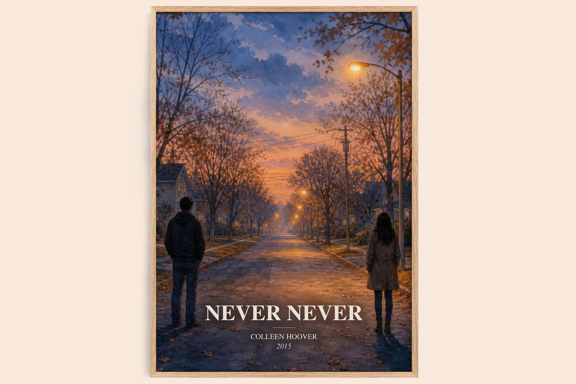 Never Never watercolour book poster by Colleen Hoover – framed literary art print