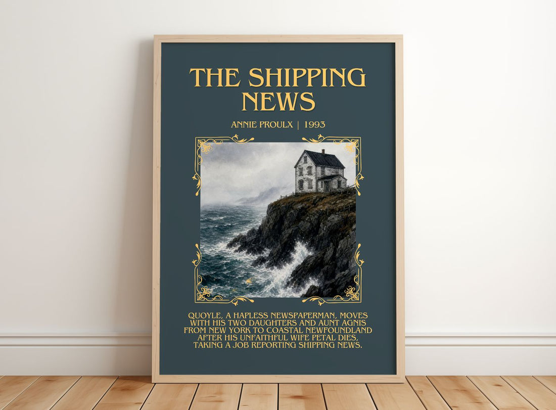The Shipping News Minimalist Book Poster by Annie Proulx – framed print leaning on a wooden floor