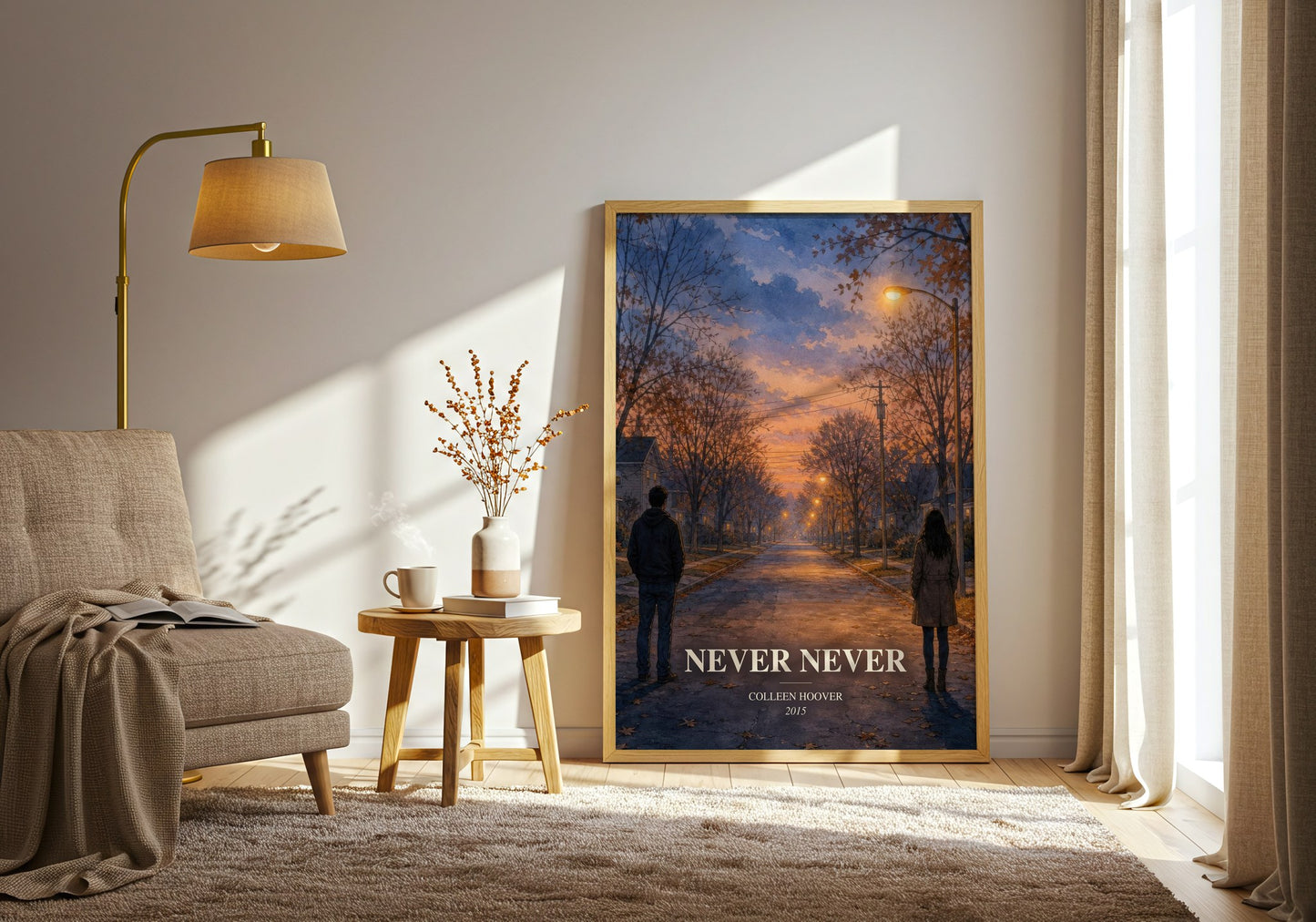 Never Never watercolour print in frame leaning in hallway – young adult wall art