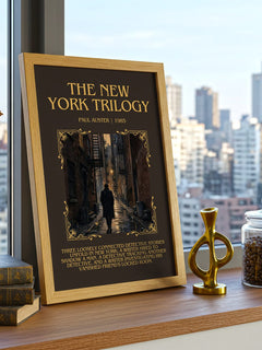 The New York Trilogy Minimalist Book Poster by Paul Auster – framed print on a city-view windowsill