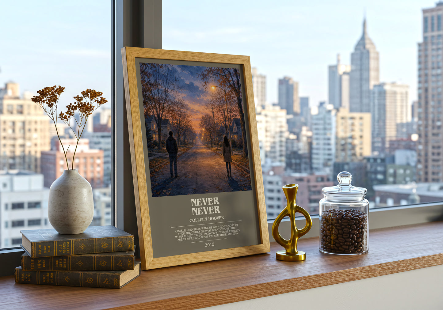 Never Never bookish print framed by window – literary home decor