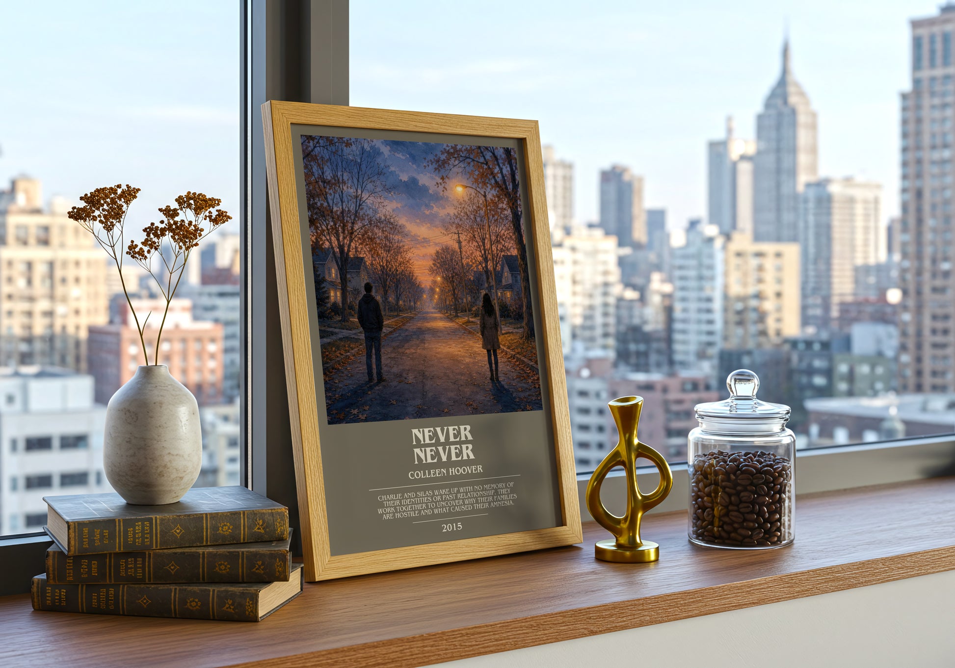 Never Never bookish print framed by window – literary home decor