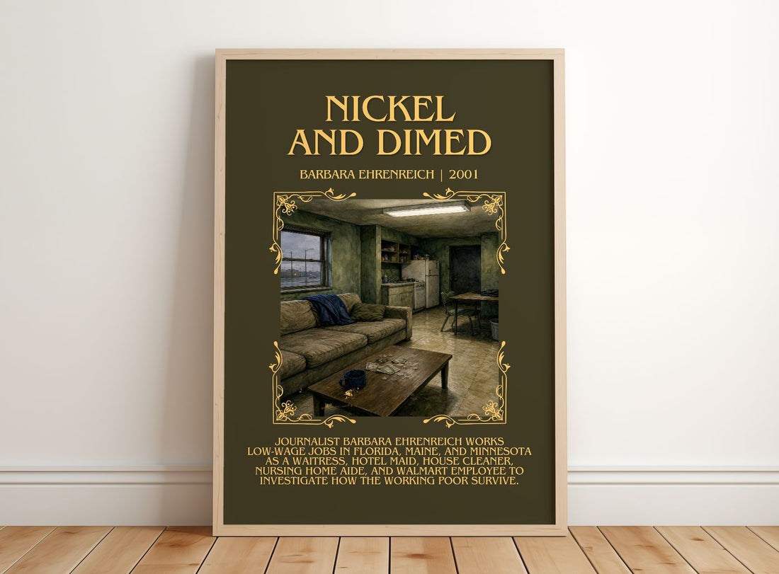 Nickel And Dimed Minimalist Book Poster by Barbara Ehrenreich – framed print leaning on a wooden floor