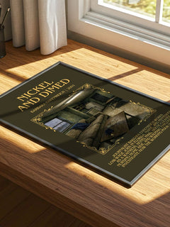 Nickel And Dimed Minimalist Book Poster by Barbara Ehrenreich – print on a sunlit desk
