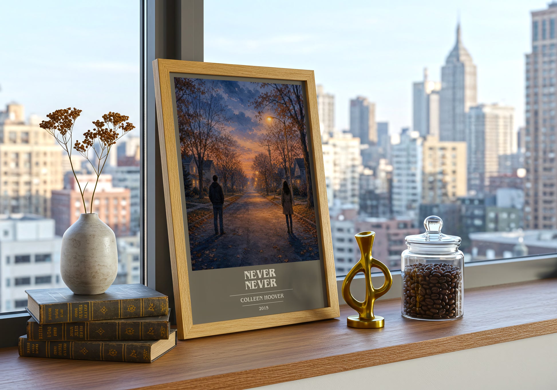 Never Never book cover print framed by window – literary home decor