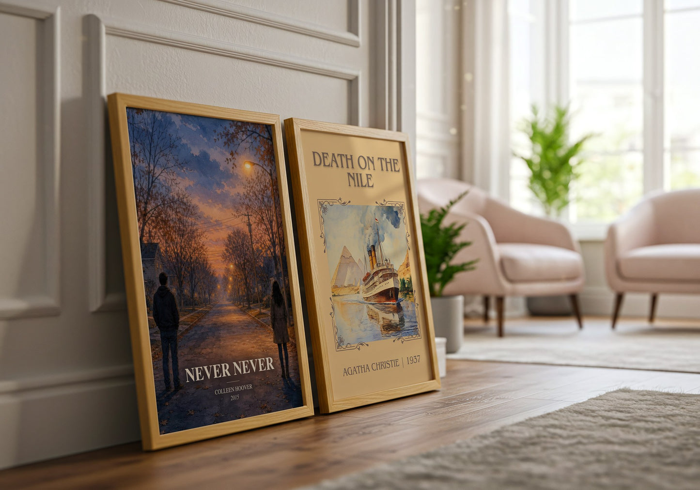 Never Never watercolour print framed by window – literary home decor
