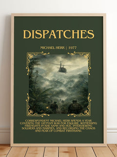 Dispatches Minimalist Book Poster by Michael Herr – framed print leaning on a wooden floor