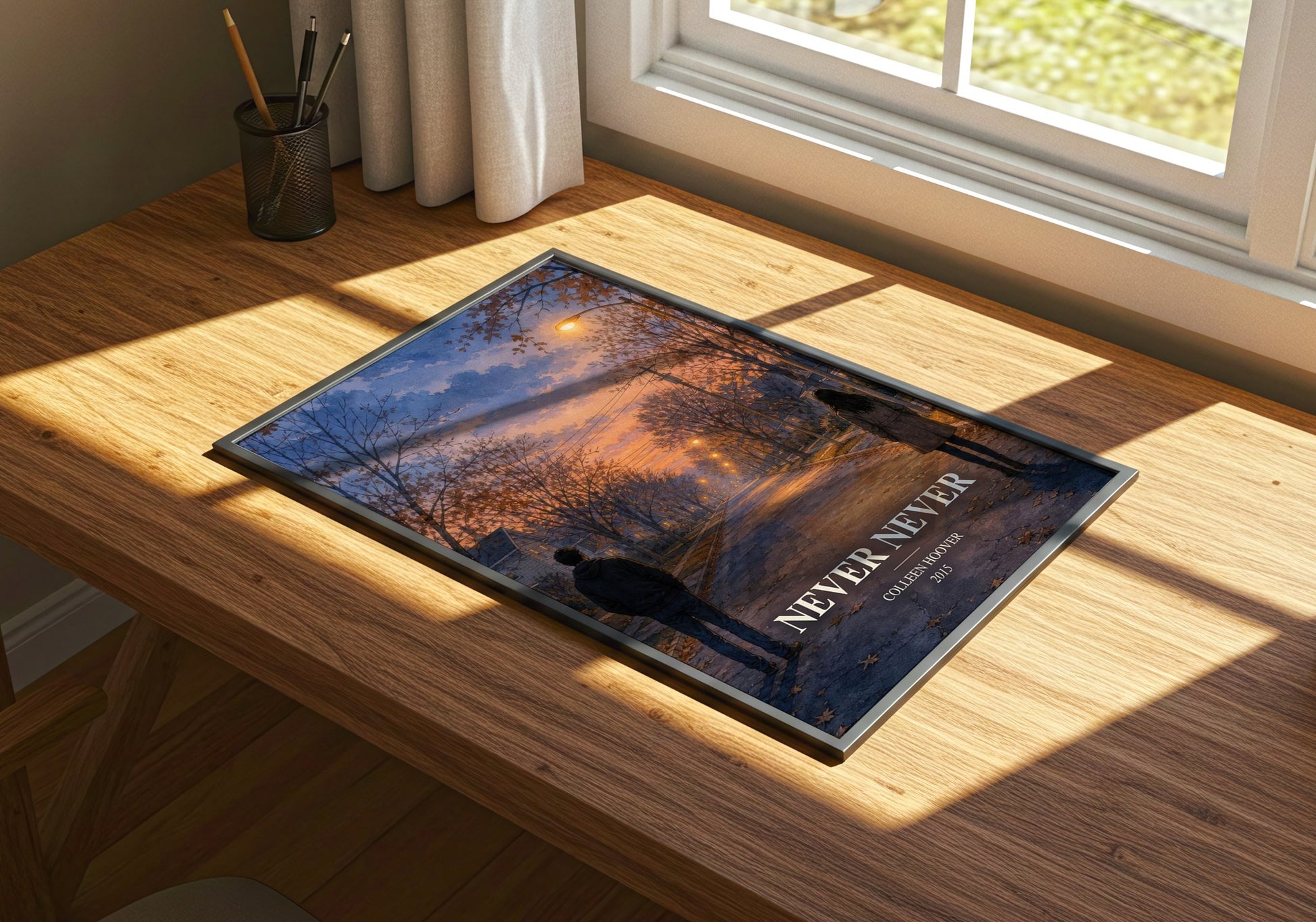 Never Never watercolour book poster framed on wall – young adult wall art