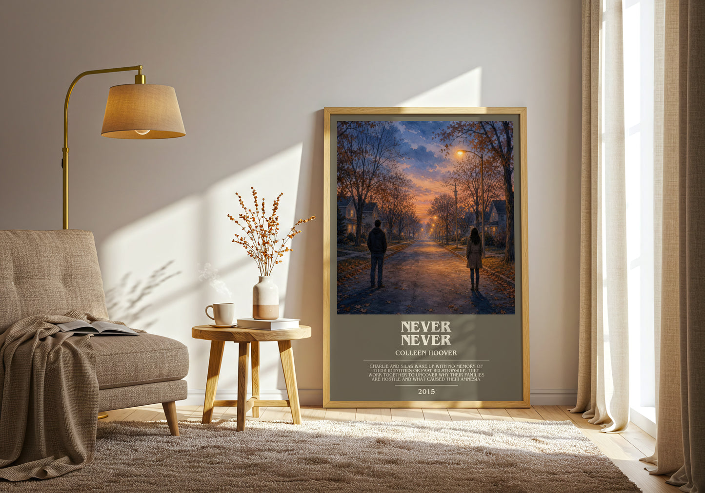 Never Never bookish print on bookshelf – Colleen Hoover fan gift