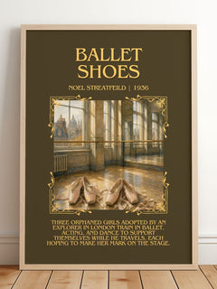 Ballet Shoes Minimalist Book Poster by Noel Streatfeild – framed print leaning on a wooden floor