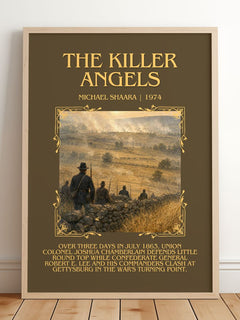 The Killer Angels Minimalist Book Poster by Michael Shaara – framed print leaning on a wooden floor