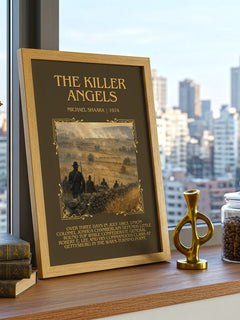 The Killer Angels Minimalist Book Poster by Michael Shaara – framed print on a city-view windowsill