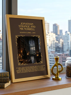 Jonathan Strange and Mr Norrell Minimalist Book Poster by S. Clarke – framed print on a city-view windowsill