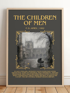 The Children of Men Minimalist Book Poster by P. D. James – framed print leaning on a wooden floor