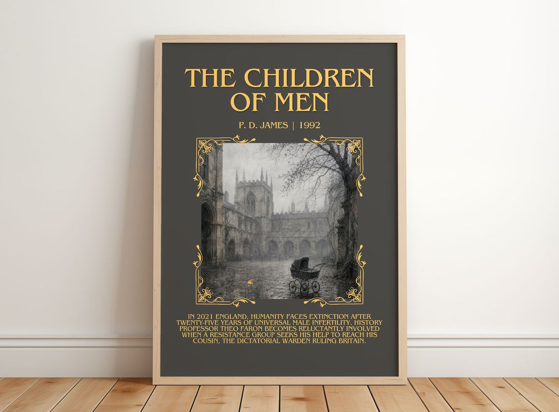 The Children of Men Minimalist Book Poster by P. D. James – framed print leaning on a wooden floor