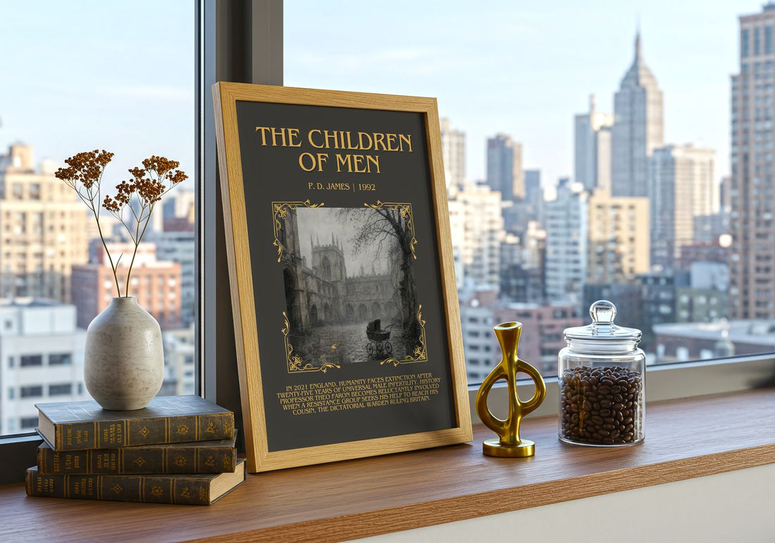The Children of Men Minimalist Book Poster by P. D. James – framed print on a city-view windowsill