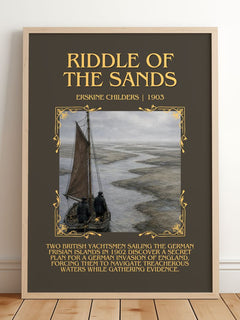Riddle of the Sands Minimalist Book Poster by Erskine Childers – framed print leaning on a wooden floor