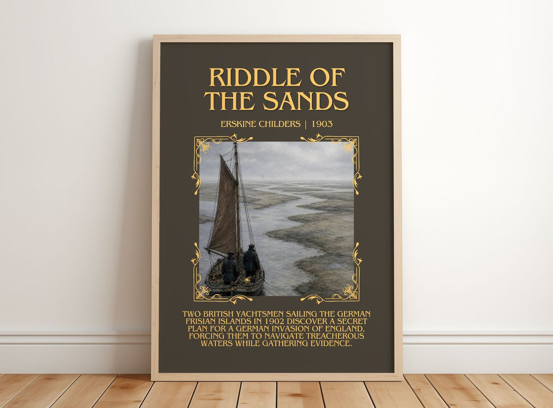 Riddle of the Sands Minimalist Book Poster by Erskine Childers – framed print leaning on a wooden floor