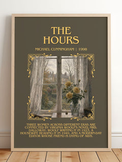 The Hours Minimalist Book Poster by Michael Cunningham – framed print leaning on a wooden floor