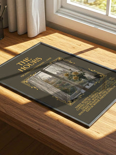 The Hours Minimalist Book Poster by Michael Cunningham – print on a sunlit desk
