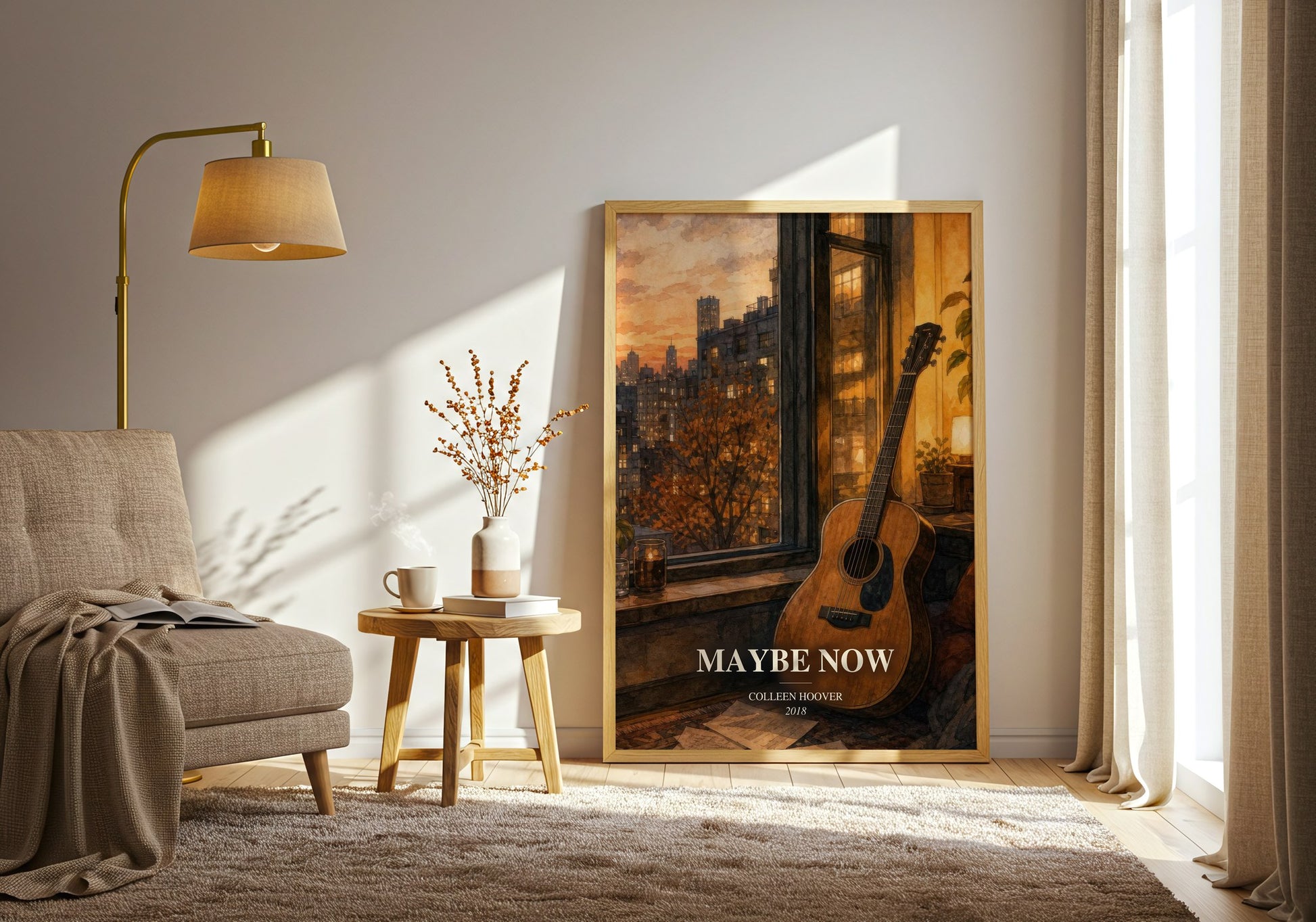 Maybe Now watercolour print in frame leaning in hallway – contemporary fiction wall art