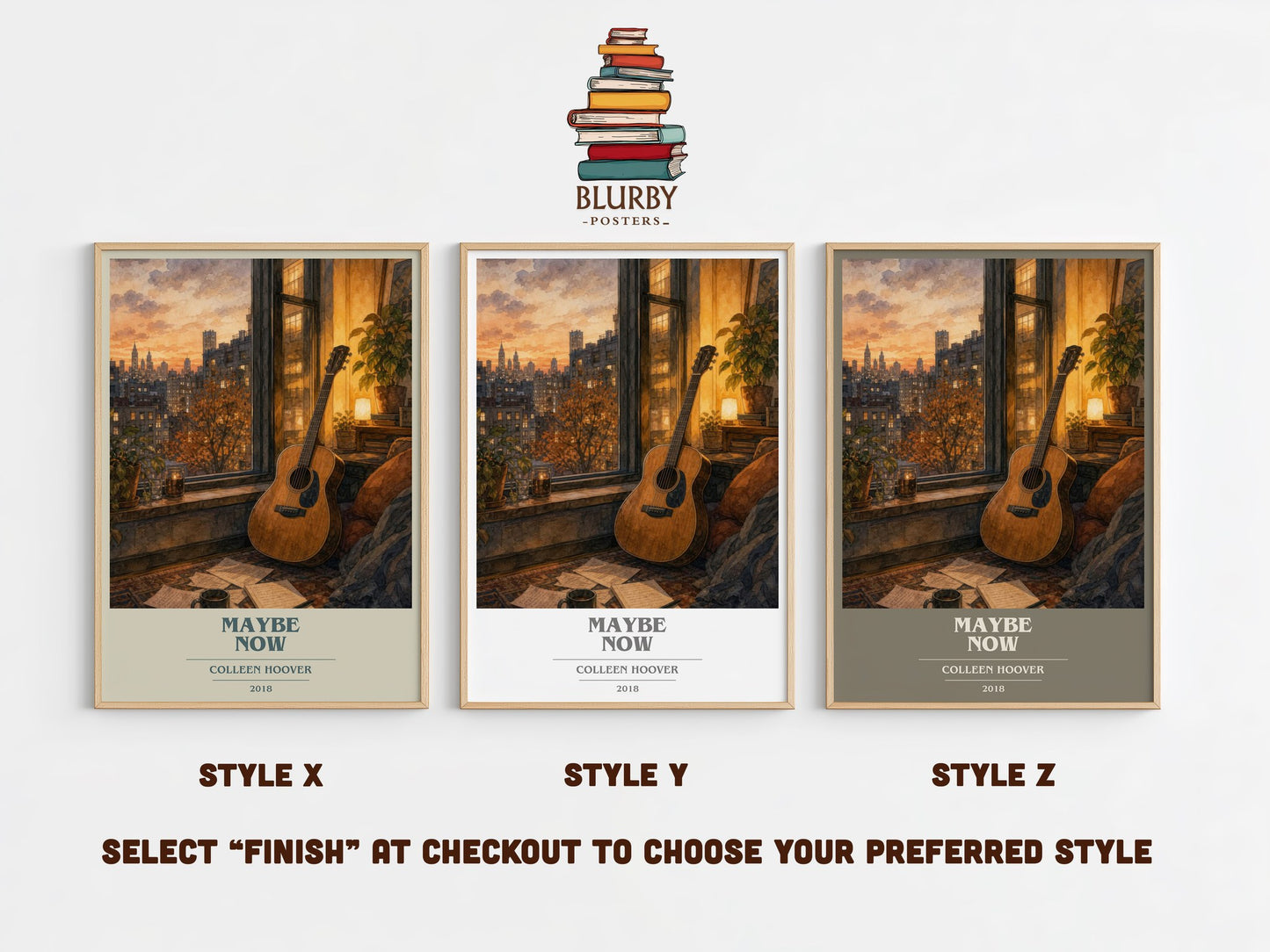 Maybe Now book cover print in frame leaning in hallway – contemporary fiction wall art