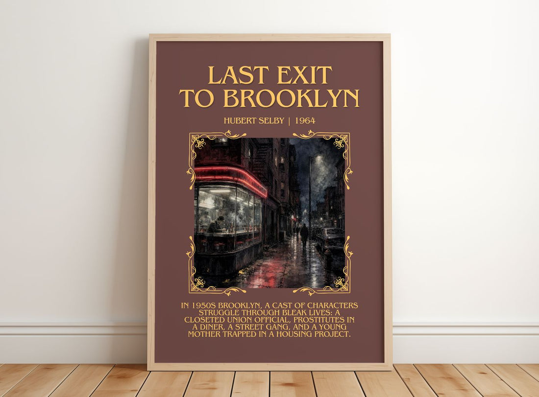 Last Exit to Brooklyn Minimalist Book Poster by Hubert Selby – framed print leaning on a wooden floor