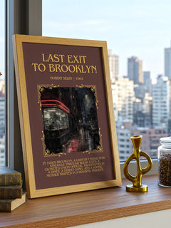 Last Exit to Brooklyn Minimalist Book Poster by Hubert Selby – framed print on a city-view windowsill